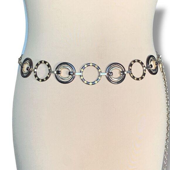 Chico’s Gold Black Enamel Link Disc Belt Metal Chain Waist Statement Accessory